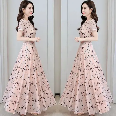 Women's Ice Silk Printed Skirt Dress Summer Elegant Long