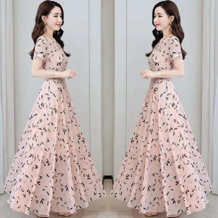 Women's Ice Silk Printed Skirt Dress Summer Elegant Long