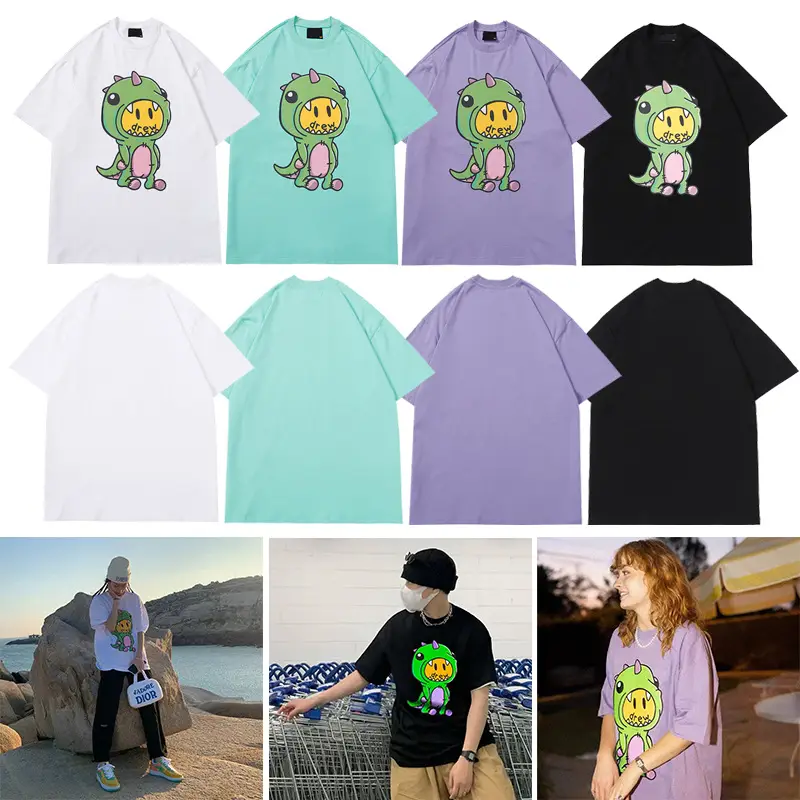 Smile Face Little Dinosaur T-Shirt Black Loose Fit - Image 5