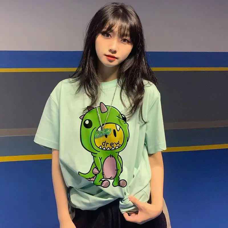 Smile Face Little Dinosaur T-Shirt Black Loose Fit - Image 2