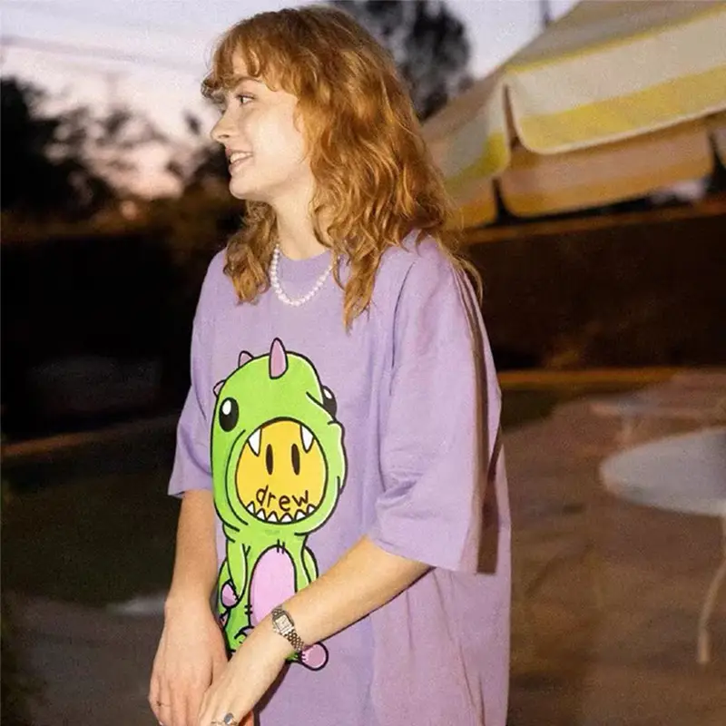 Smile Face Little Dinosaur T-Shirt Black Loose Fit - Image 3