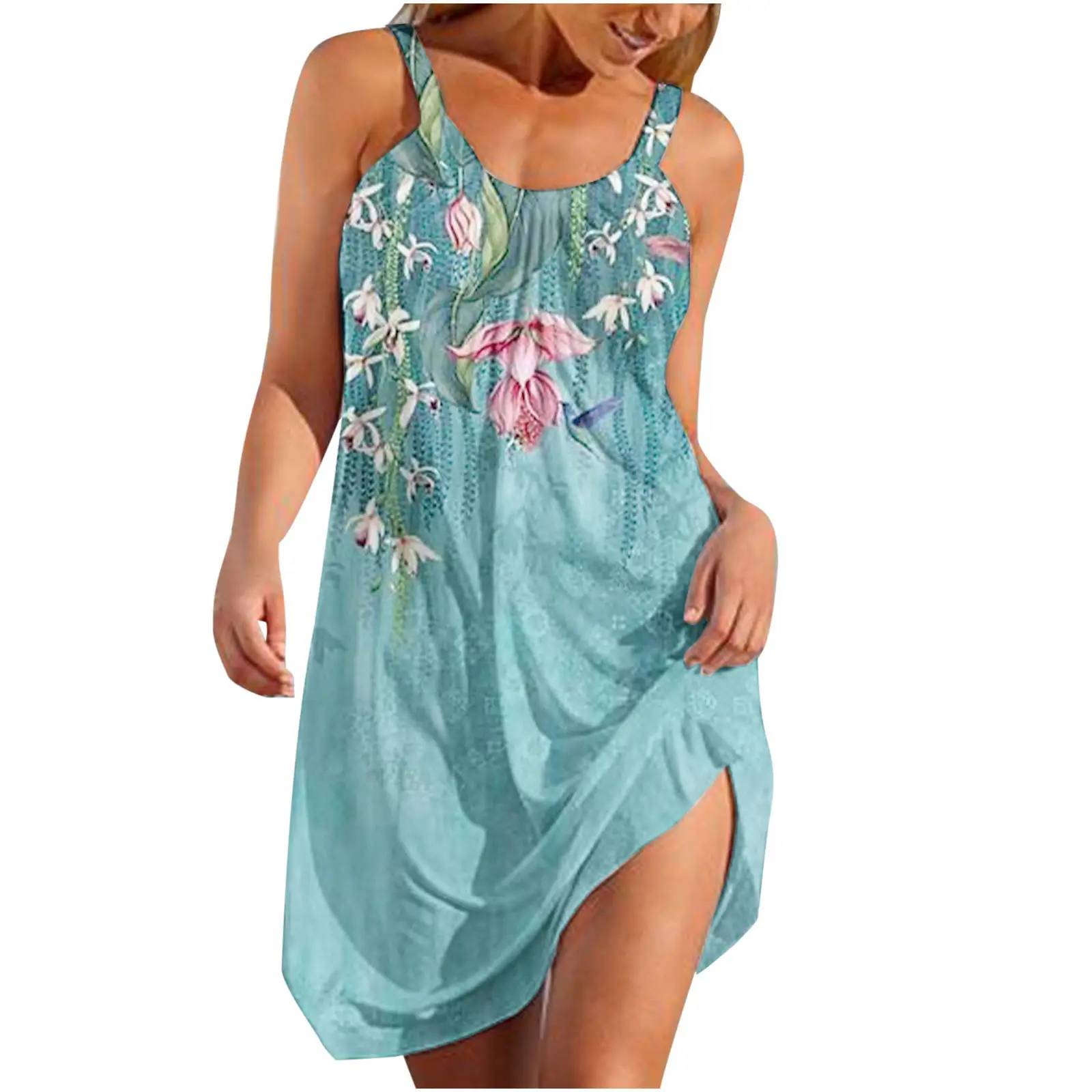 2022 Summer Printed Floral Sling Dress Blue - Image 5