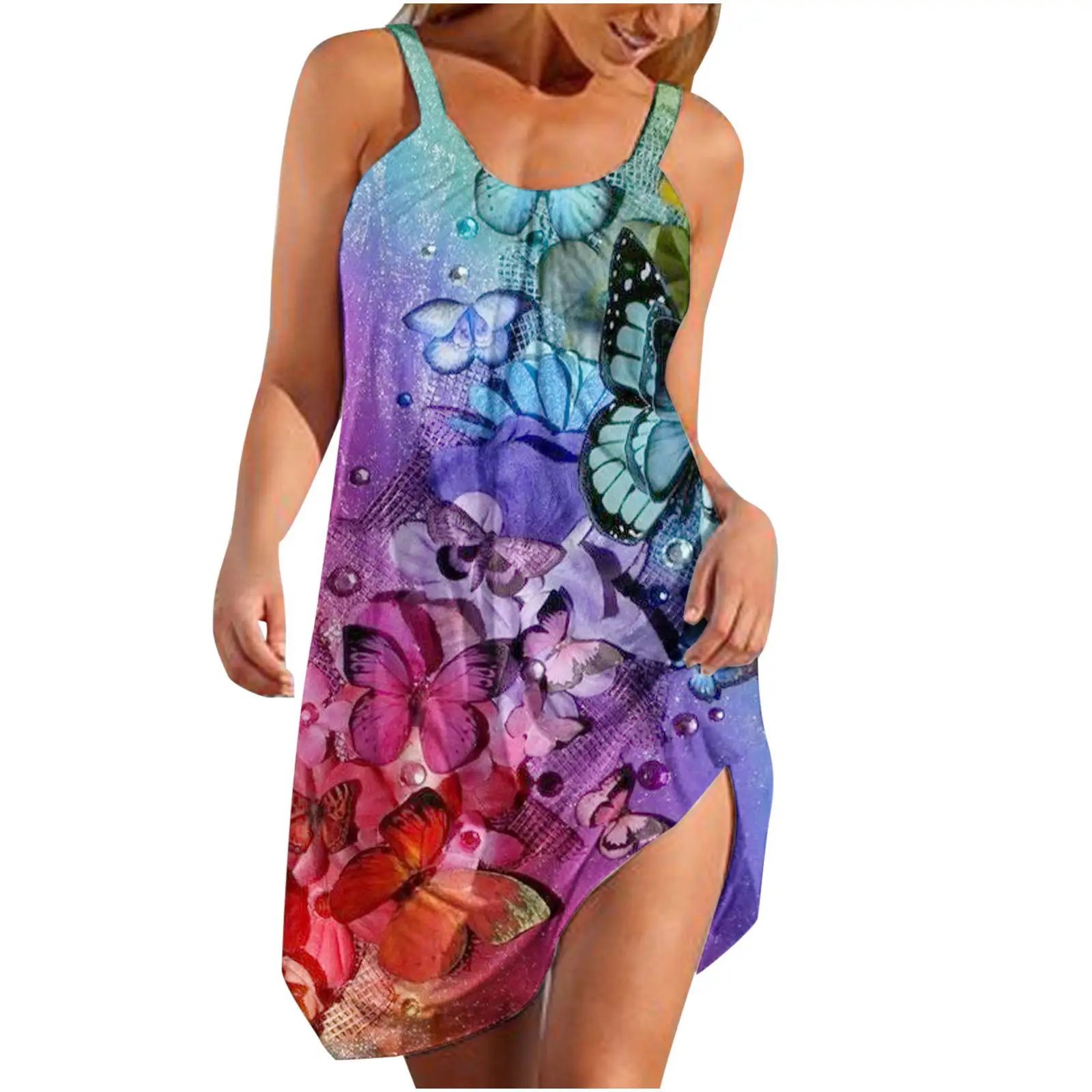 2022 Summer Printed Floral Sling Dress Blue - Image 12