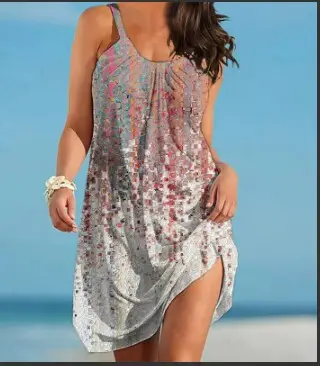 2022 Summer Printed Floral Sling Dress Blue - Image 15