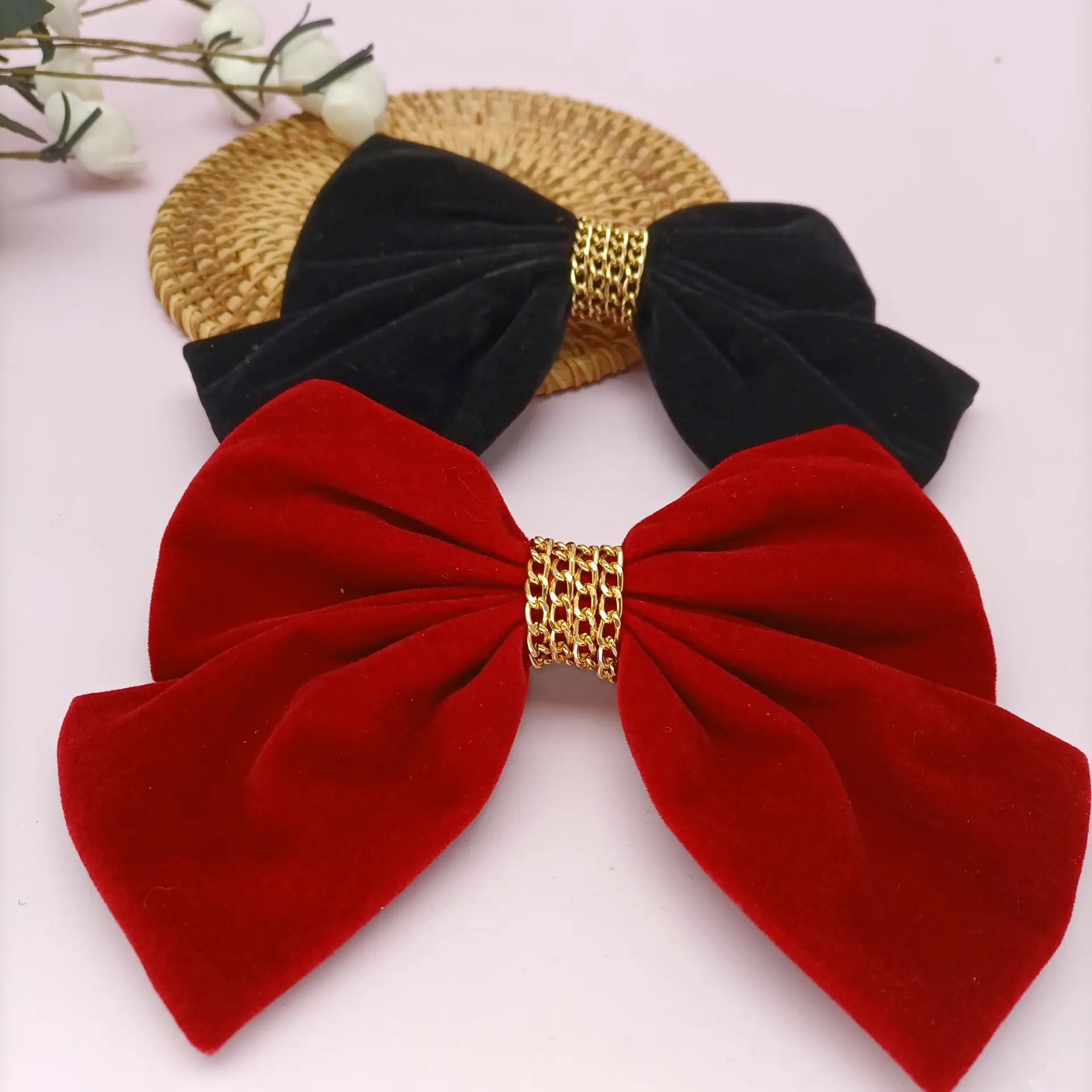 Black Velvet Bow with Heart Crystal Clip for Women - Image 5