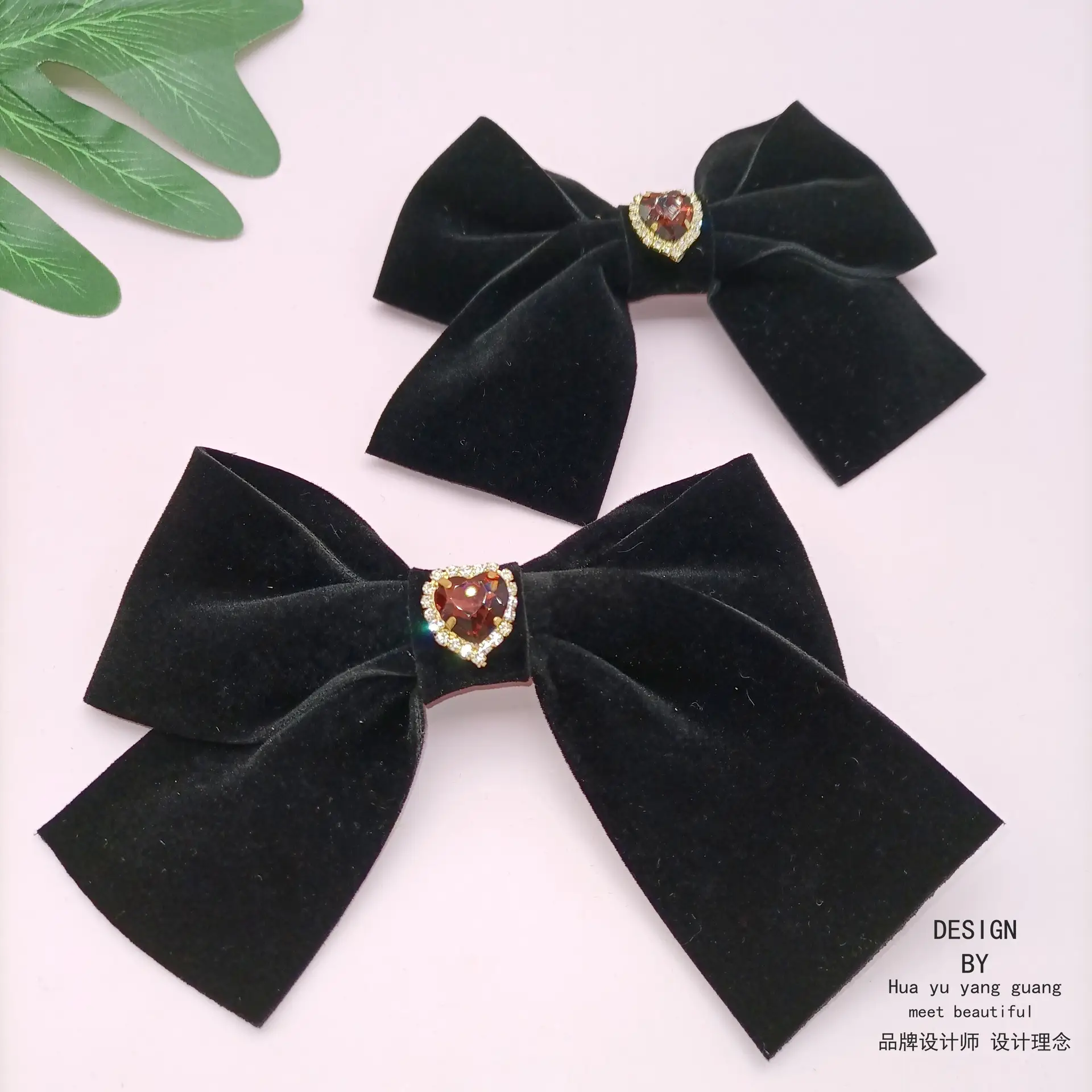 Black Velvet Bow with Heart Crystal Clip for Women - Image 17