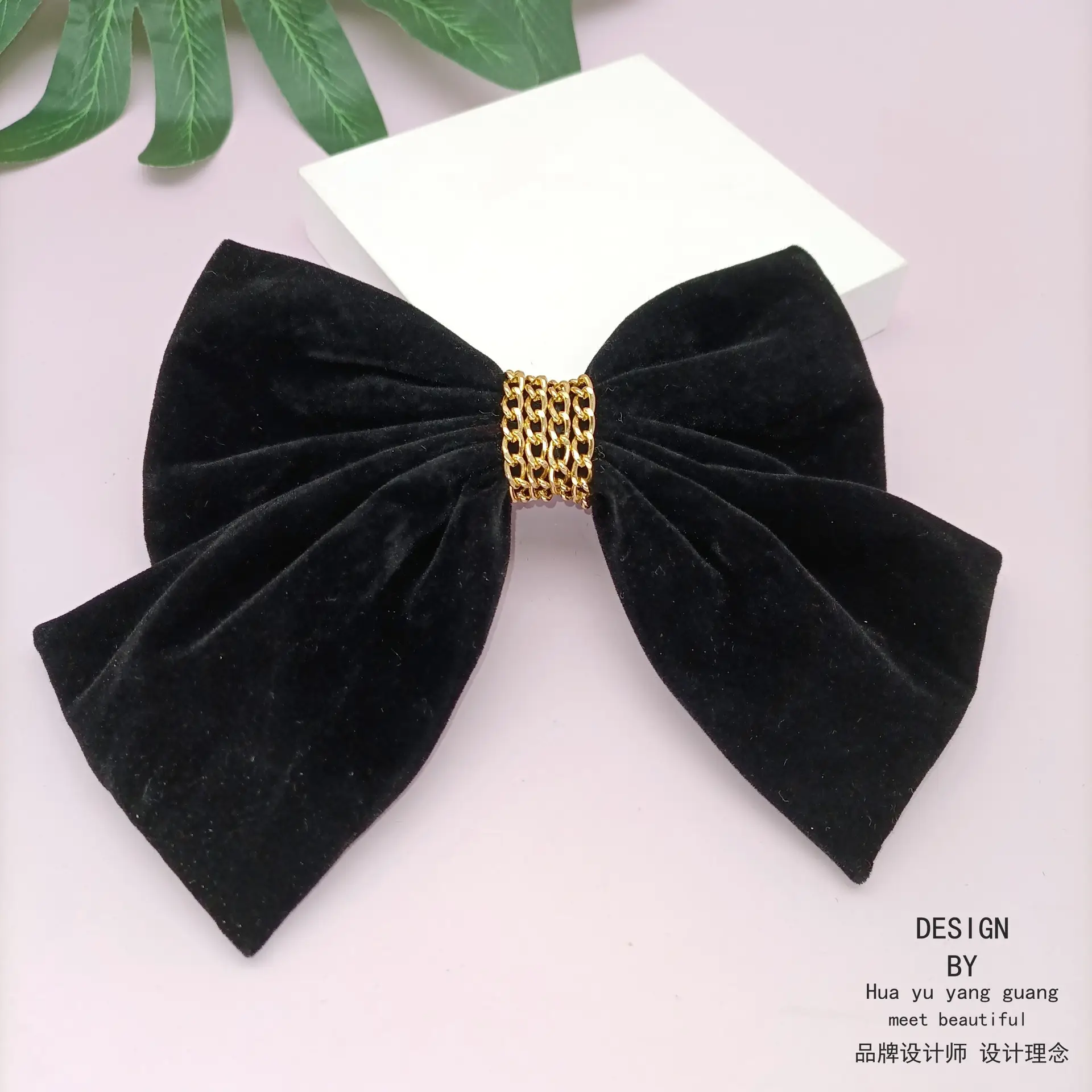 Black Velvet Bow with Heart Crystal Clip for Women - Image 2
