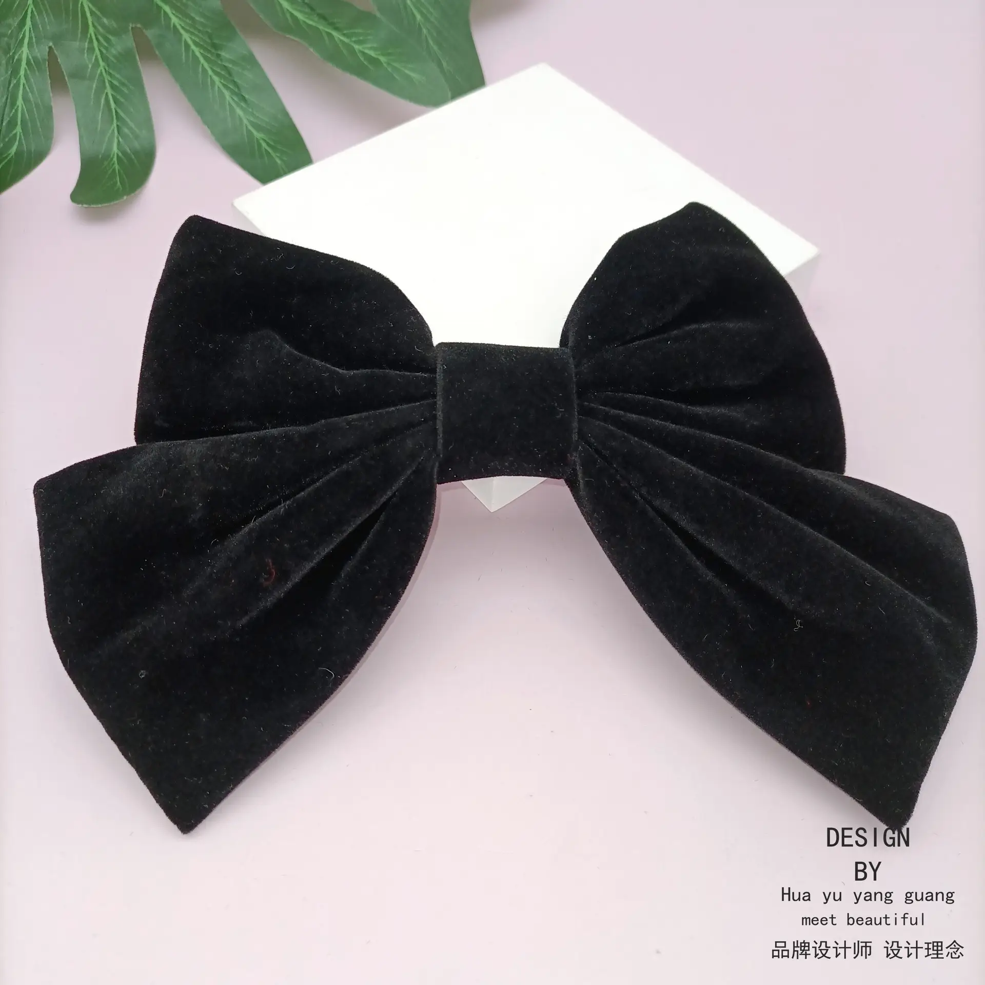 Black Velvet Bow with Heart Crystal Clip for Women - Image 4