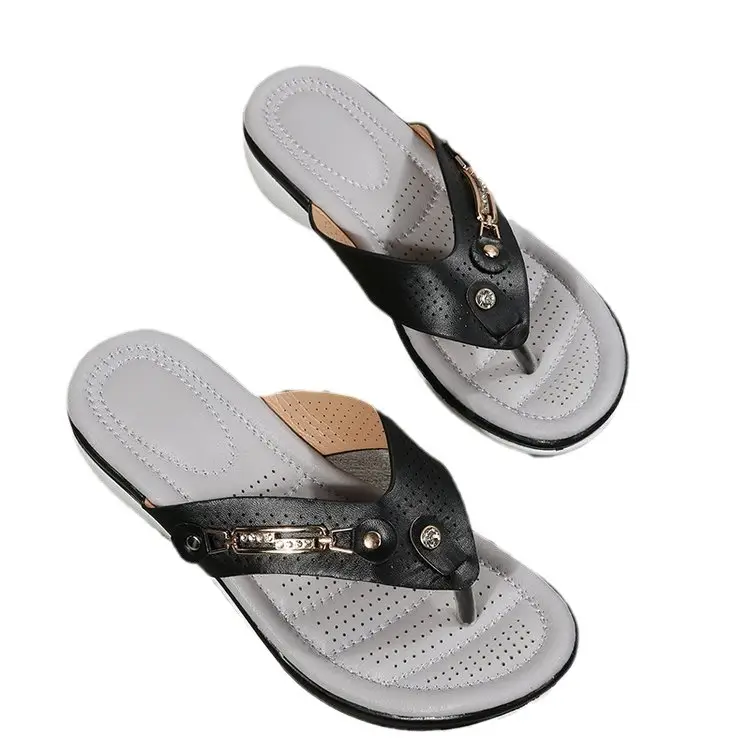 Women's Black Metal Buckle Wedge Sandals