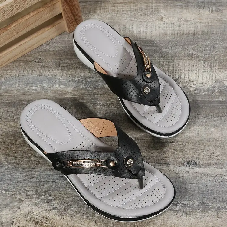 Women's Black Metal Buckle Wedge Sandals