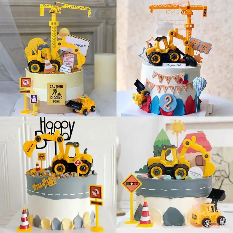 Cake Decoration Excavator Ornaments Birthday Baking Excavator Engineering Vehicle Decoration Traffic Guide Sign Ornaments Plug-In