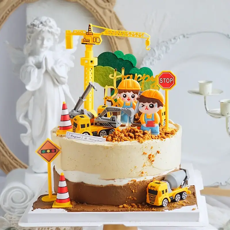 Cake Decoration Excavator Ornaments Birthday Baking Excavator Engineering Vehicle Decoration Traffic Guide Sign Ornaments Plug-In
