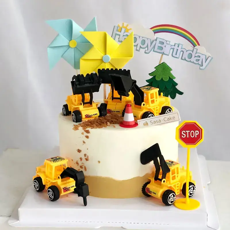 Cake Decoration Excavator Ornaments Birthday Baking Excavator Engineering Vehicle Decoration Traffic Guide Sign Ornaments Plug-In