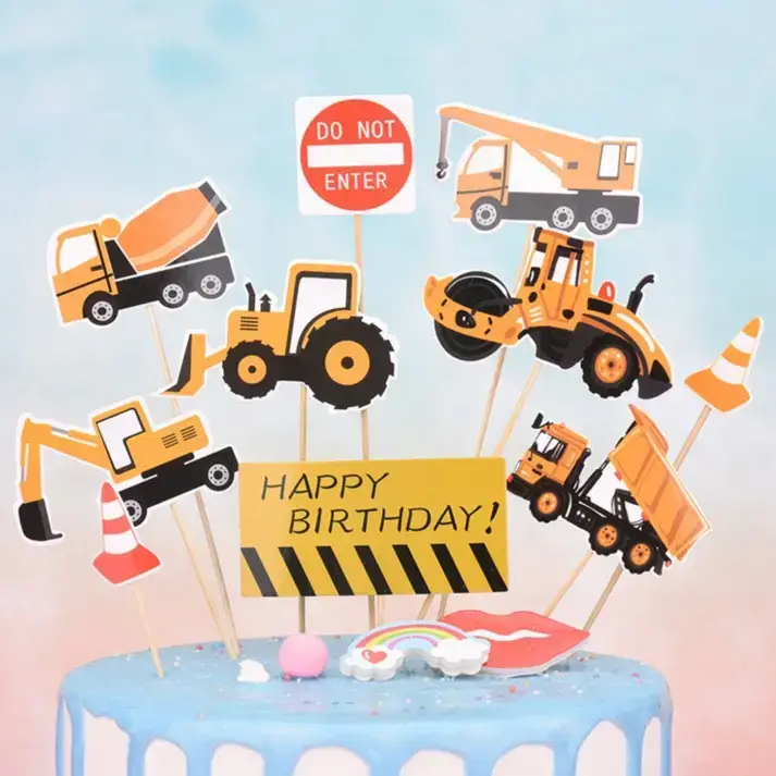Cake Decoration Excavator Ornaments Birthday Baking Excavator Engineering Vehicle Decoration Traffic Guide Sign Ornaments Plug-In