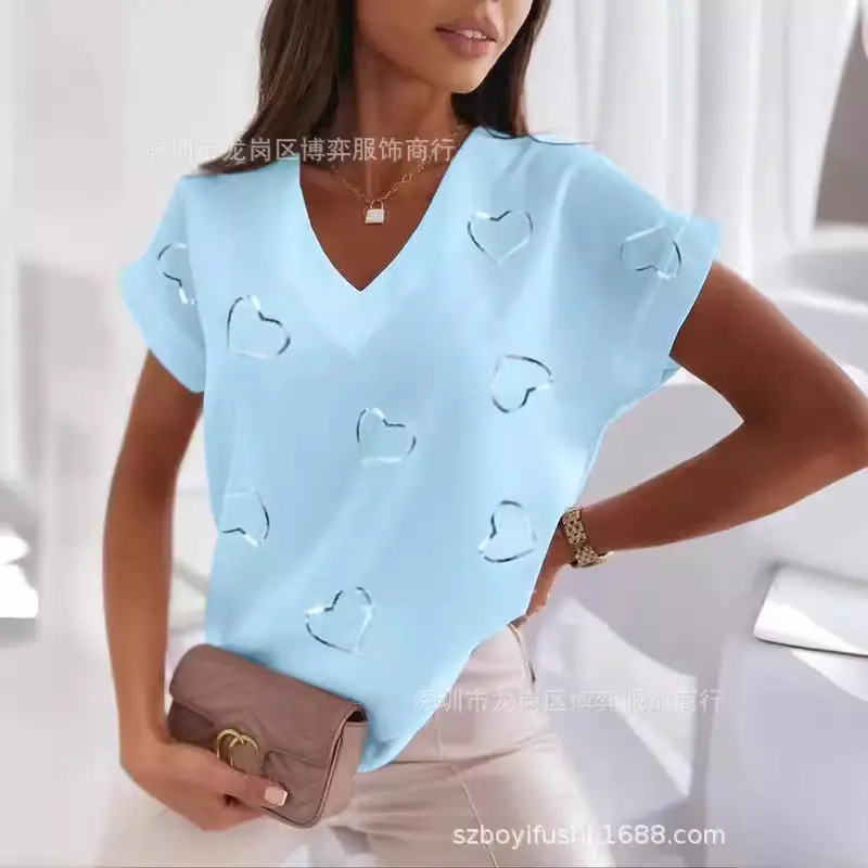 Women V-Neck Printed T-Shirt Light Blue Heart Design - Image 18