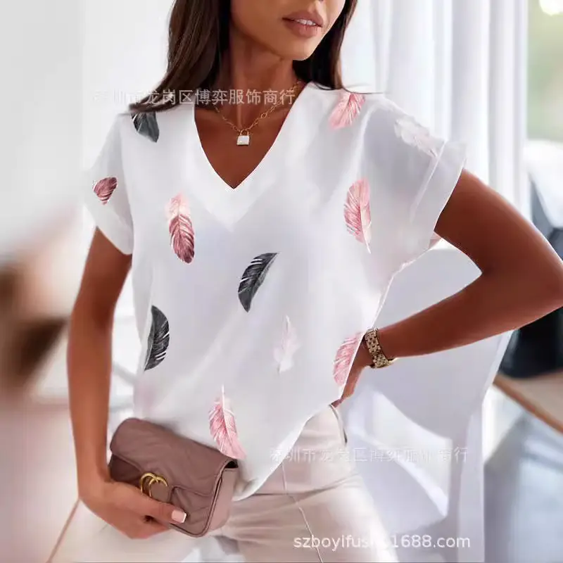 Women V-Neck Printed T-Shirt Light Blue Heart Design - Image 19