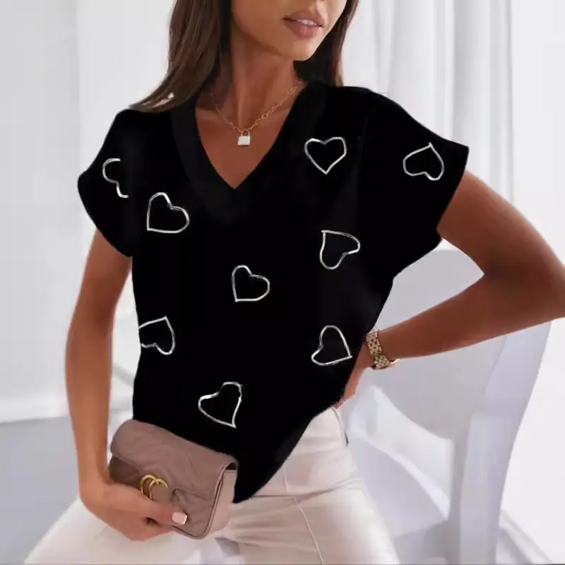 Women V-Neck Printed T-Shirt Light Blue Heart Design - Image 20