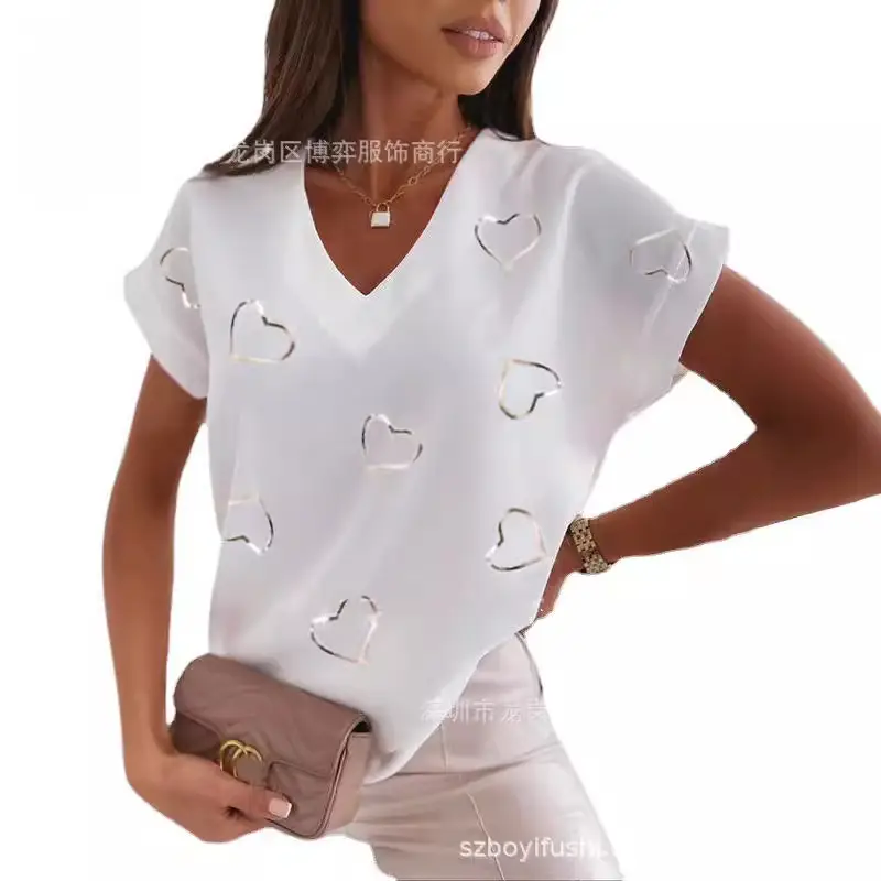 Women V-Neck Printed T-Shirt Light Blue Heart Design - Image 21