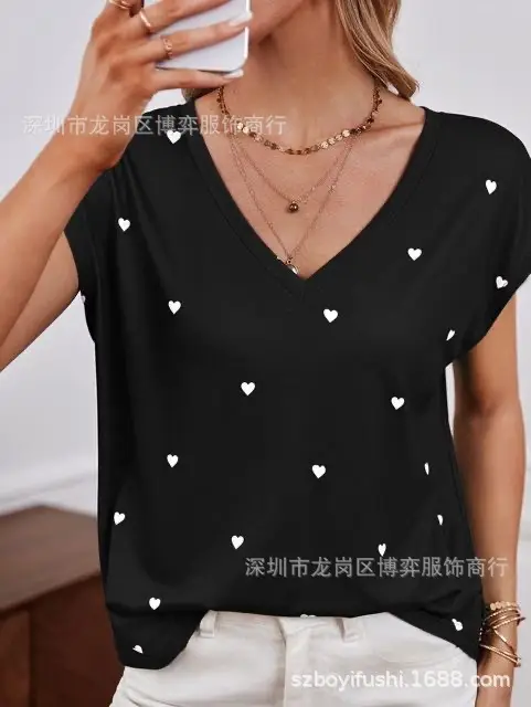 Women V-Neck Printed T-Shirt Light Blue Heart Design - Image 13