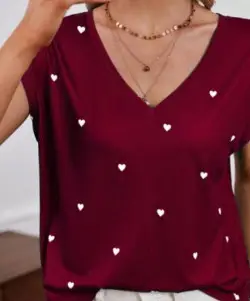 Women V-Neck Printed T-Shirt Light Blue Heart Design - Image 14