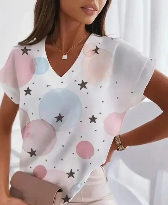 Women V-Neck Printed T-Shirt Light Blue Heart Design - Image 15