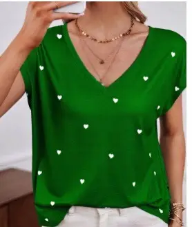 Women V-Neck Printed T-Shirt Light Blue Heart Design - Image 16