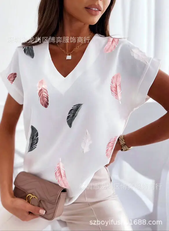 Women V-Neck Printed T-Shirt Light Blue Heart Design - Image 2