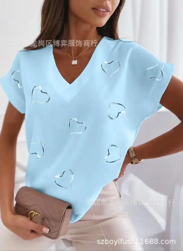 Women V-Neck Printed T-Shirt Light Blue Heart Design - Image 3