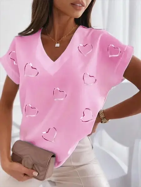 Women V-Neck Printed T-Shirt Light Blue Heart Design - Image 5