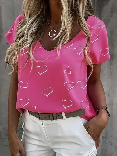 Women V-Neck Printed T-Shirt Light Blue Heart Design - Image 6