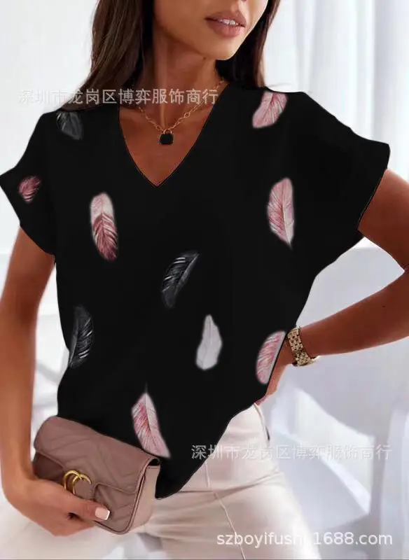 Women V-Neck Printed T-Shirt Light Blue Heart Design - Image 7