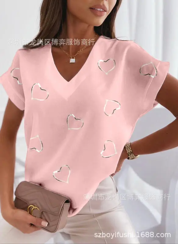 Women V-Neck Printed T-Shirt Light Blue Heart Design - Image 8