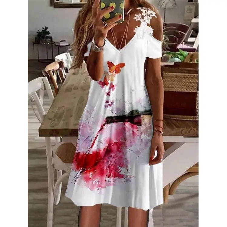 2022 Summer Printed Shoulder Lace Dress Women - Image 16