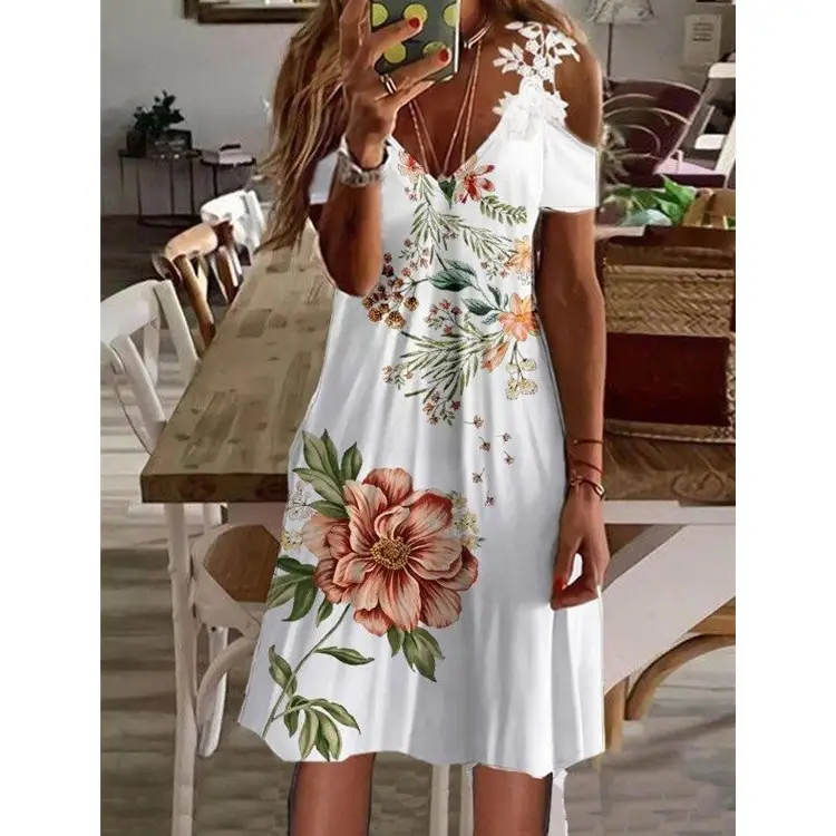 2022 Summer Printed Shoulder Lace Dress Women - Image 17