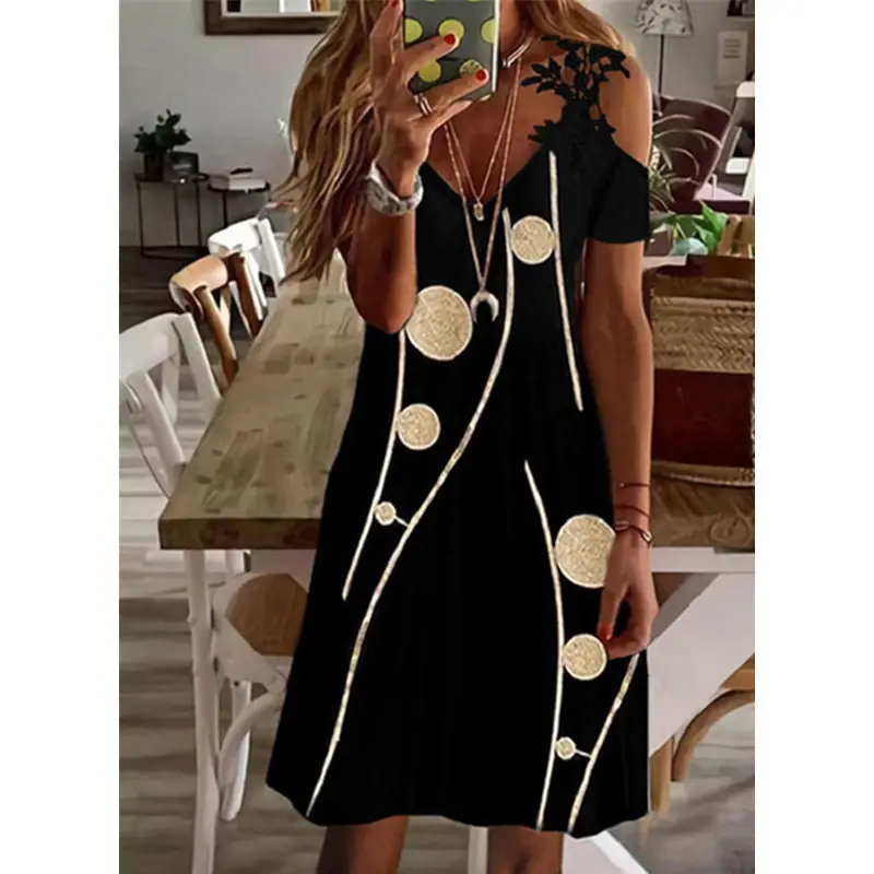 2022 Summer Printed Shoulder Lace Dress Women - Image 3