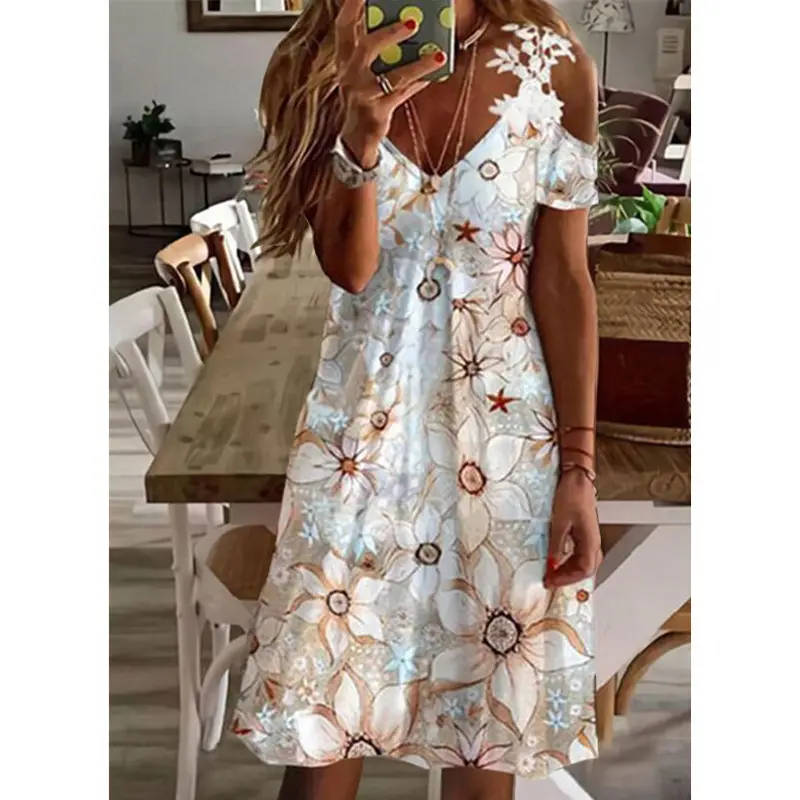 2022 Summer Printed Shoulder Lace Dress Women - Image 6