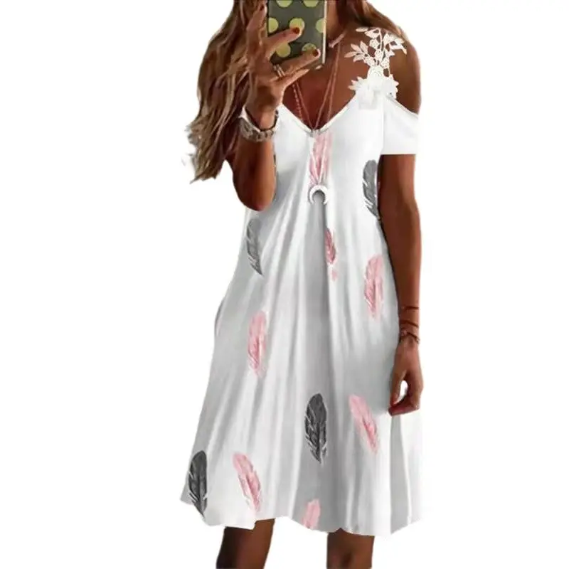 2022 Summer Printed Shoulder Lace Dress Women - Image 18
