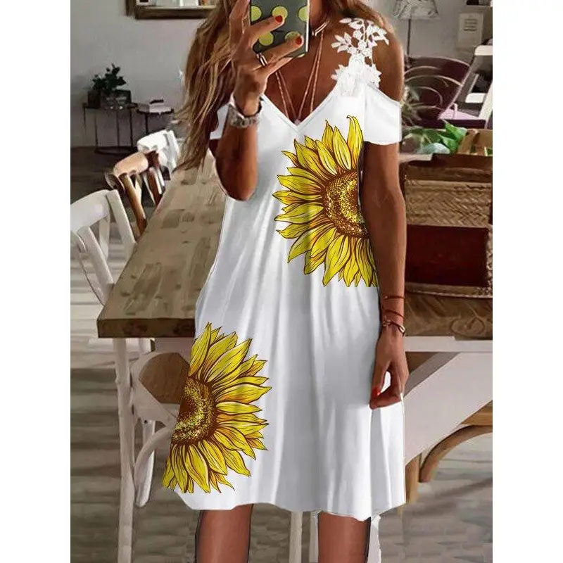 2022 Summer Printed Shoulder Lace Dress Women - Image 11