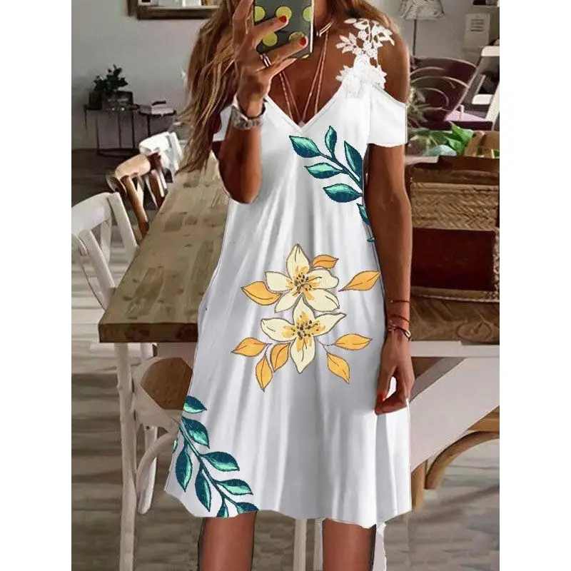 2022 Summer Printed Shoulder Lace Dress Women - Image 13