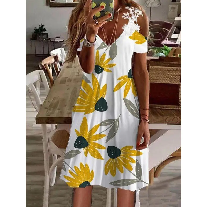 2022 Summer Printed Shoulder Lace Dress Women - Image 14