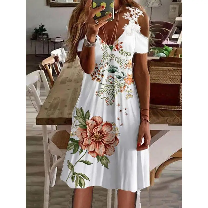 2022 Summer Printed Shoulder Lace Dress Women - Image 15