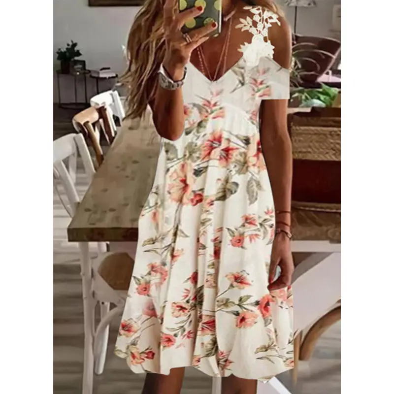 2022 Summer Printed Shoulder Lace Dress Women - Image 2