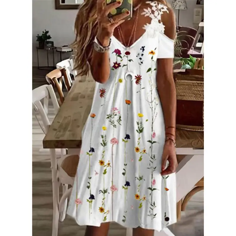 2022 Summer Printed Shoulder Lace Dress Women - Image 4
