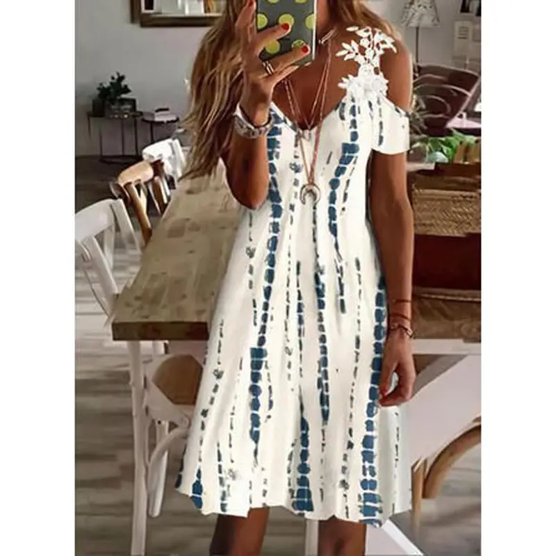2022 Summer Printed Shoulder Lace Dress Women - Image 5