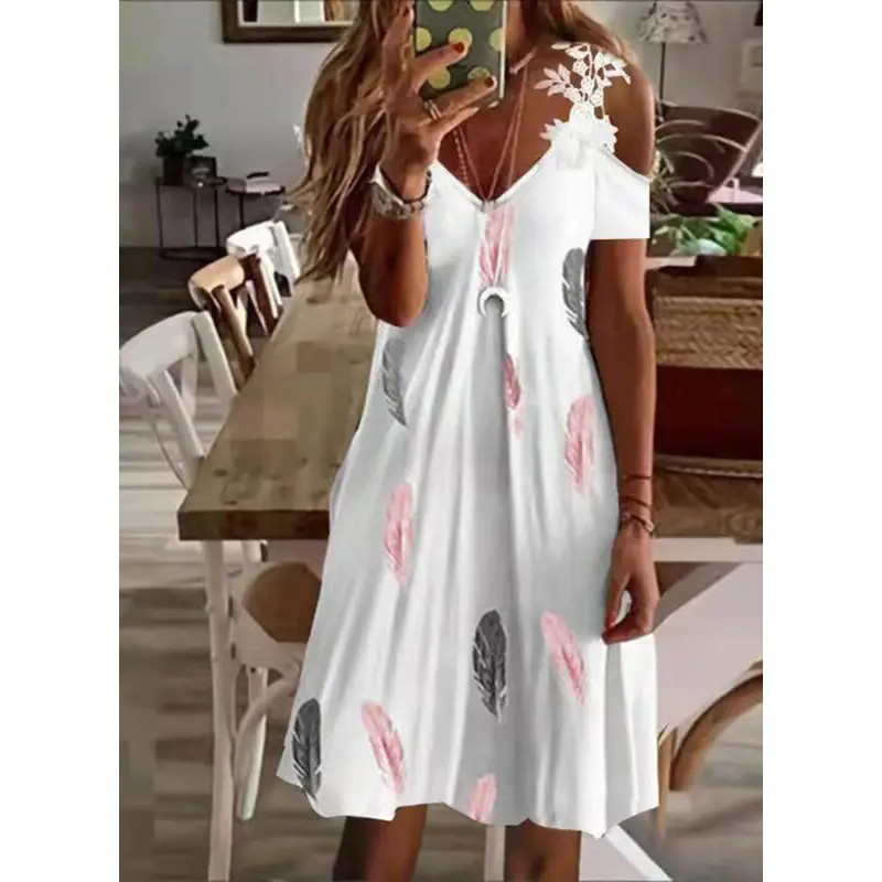 2022 Summer Printed Shoulder Lace Dress Women - Image 8