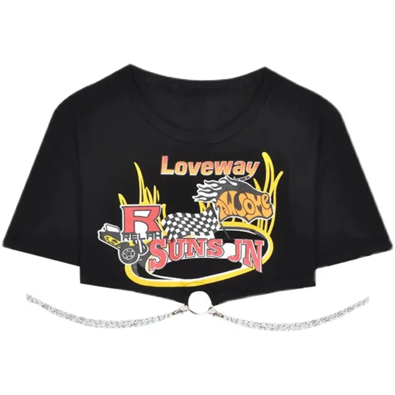 Women Black Checkered Print T-Shirt with Chain - Image 9