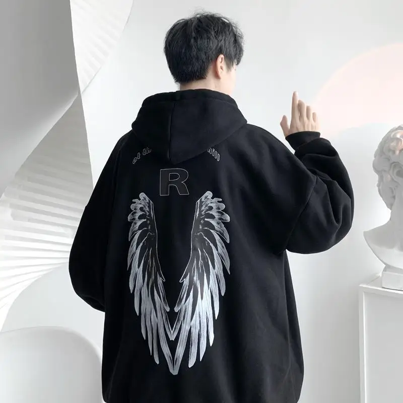 Men Winter Hoodie White Wings Print Fleece Lined - Image 6