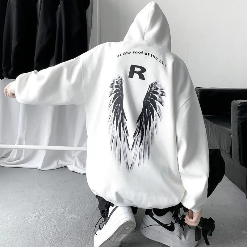 Men Winter Hoodie White Wings Print Fleece Lined - Image 8