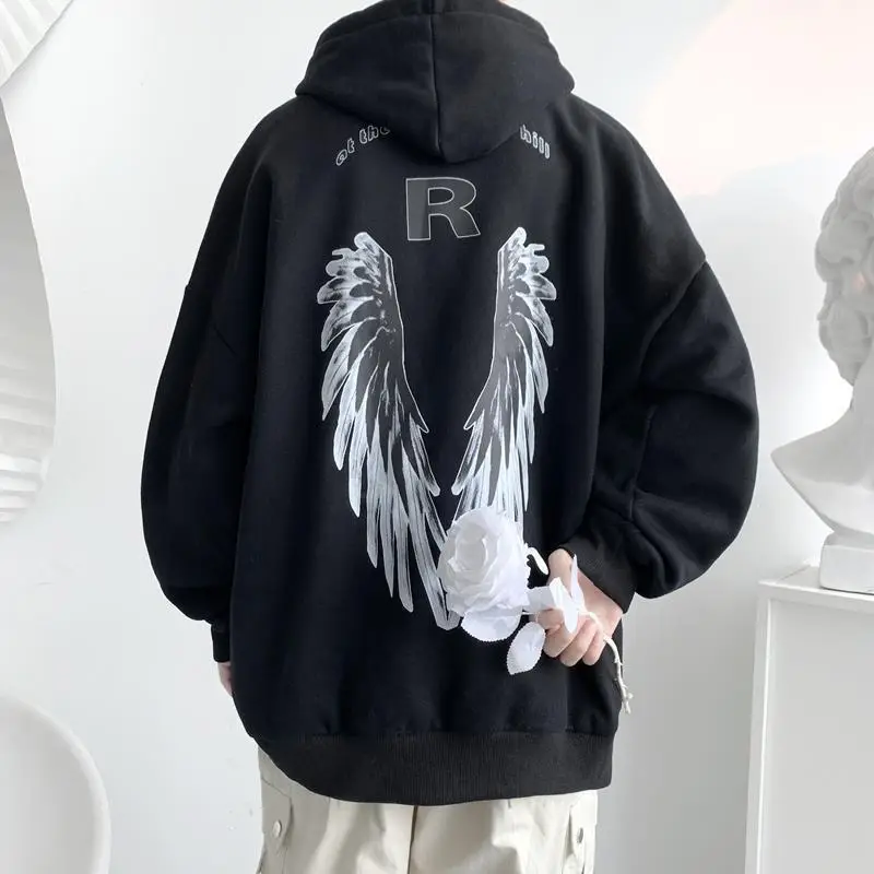 Men Winter Hoodie White Wings Print Fleece Lined - Image 9