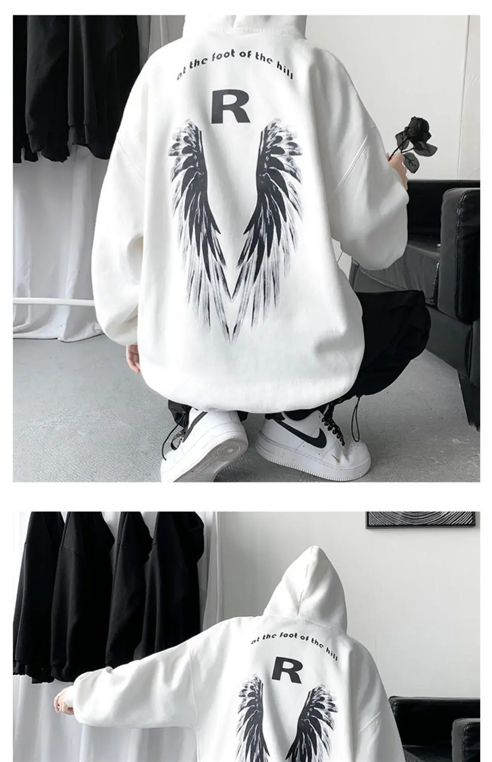 Men Winter Hoodie White Wings Print Fleece Lined — feature 10